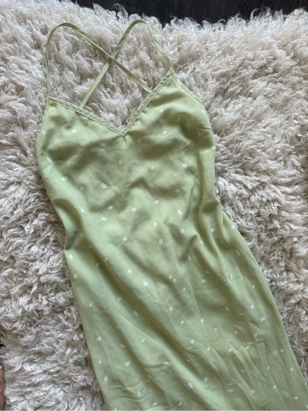 Princess Polly On Cloud Nine Open Back Dress in Sage Green w/ White Polka Dots - Picture 12 of 13